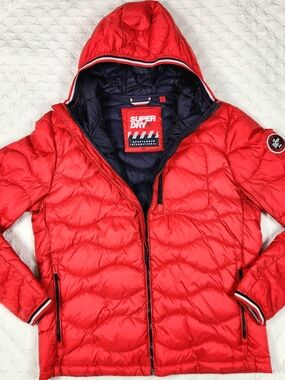 Superdry Bright Red Quilted Hooded Puffer Jacket Mens XL